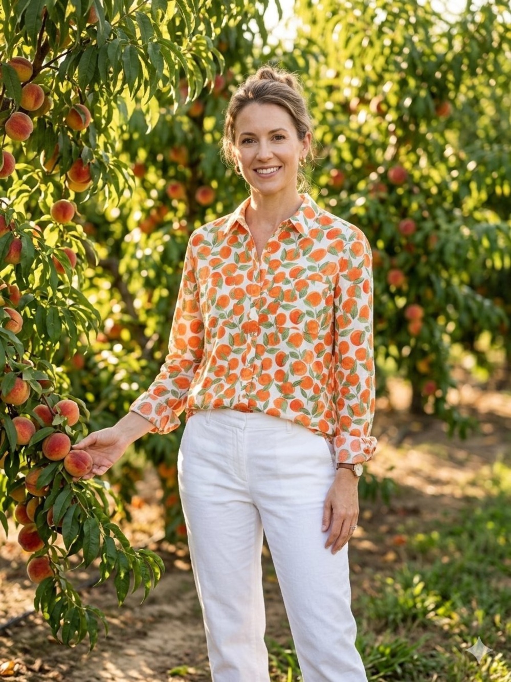 Foxcroft Peach-Print 100% Cotton Button Down Shirt (12)